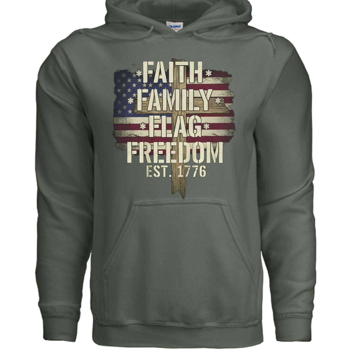 Faith Family Flag Freedom Faith Hoodie MILITARY GREEN Salvation Clothing and Accessories