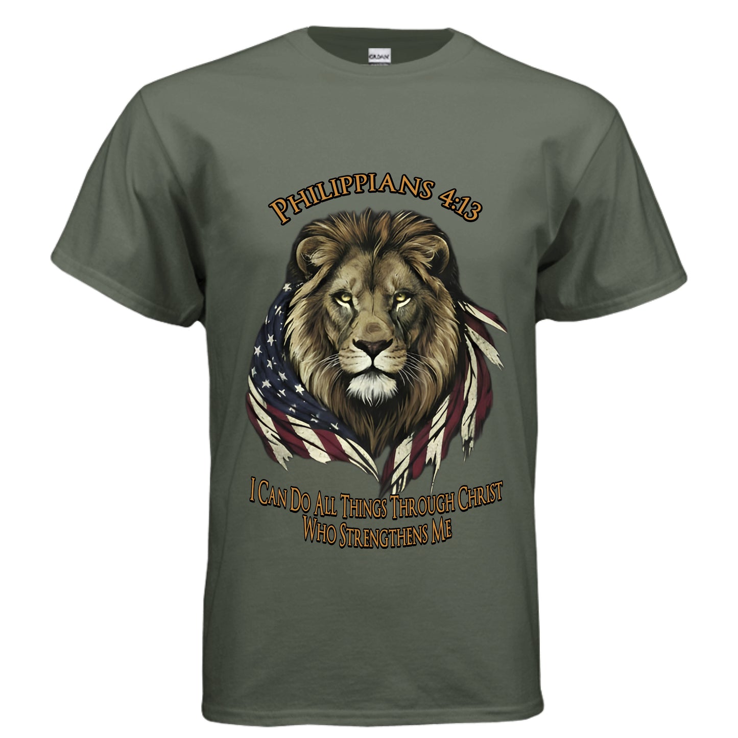 I Can Do All Things Through Christ Lion Philippians 4:13 Faith T-Shirt MILITARY GREEN Salvation Clothing and Accessories