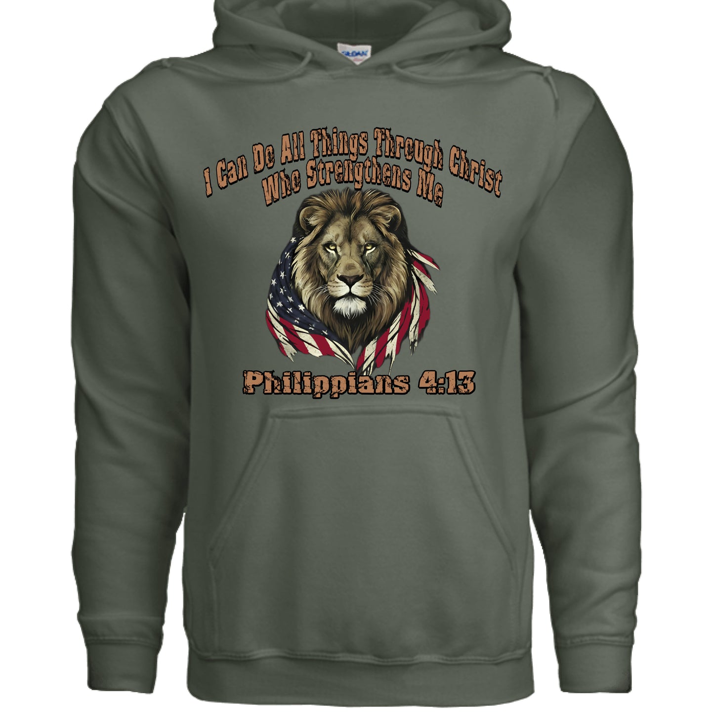 I Can Do All Things Through Christ Lion Philippians 4:13 Faith Hoodie MILITARY GREEN Salvation Clothing and Accessories