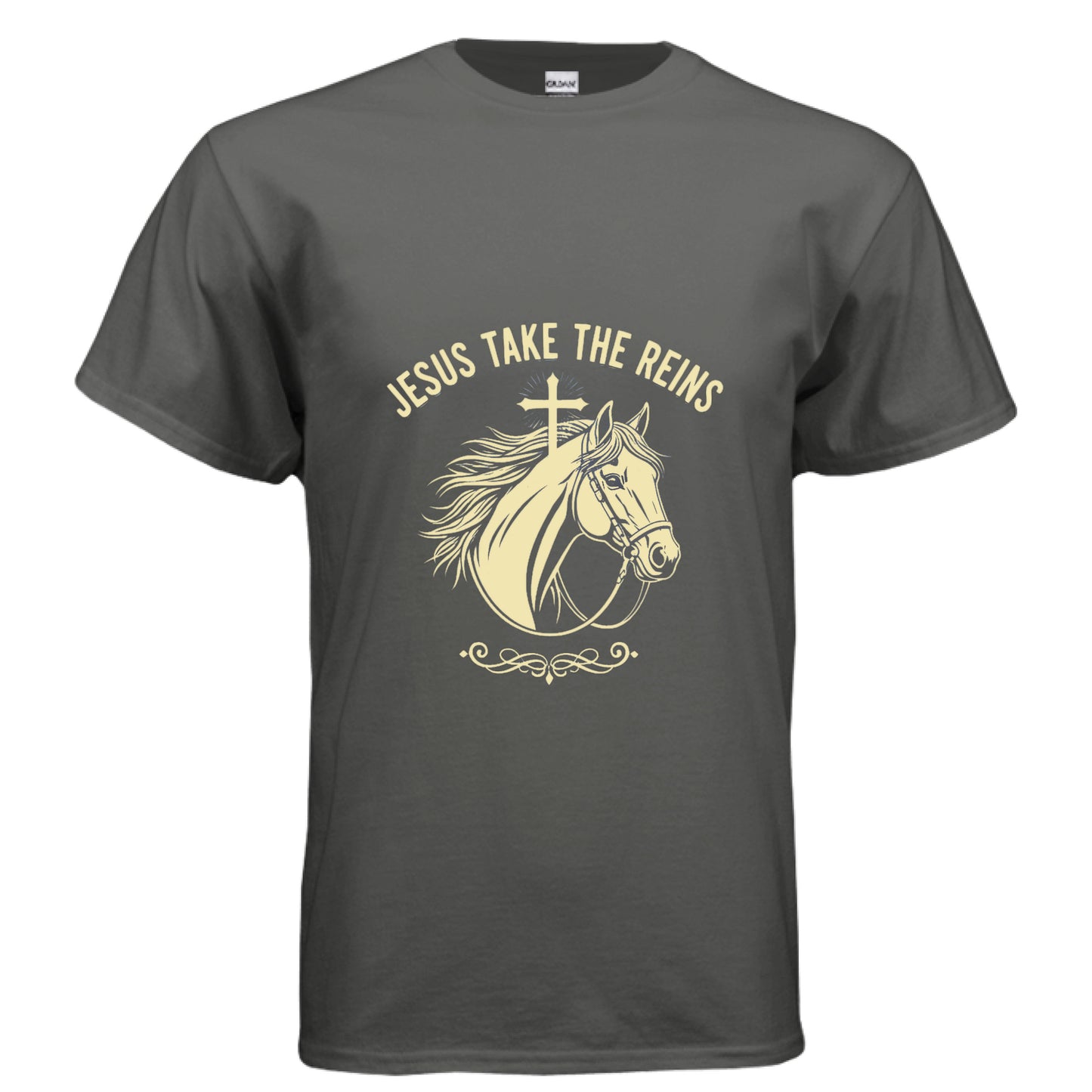 Jesus Take the Reins Faith T-Shirt CHARCOAL Salvation Clothing and Accessories Apparel