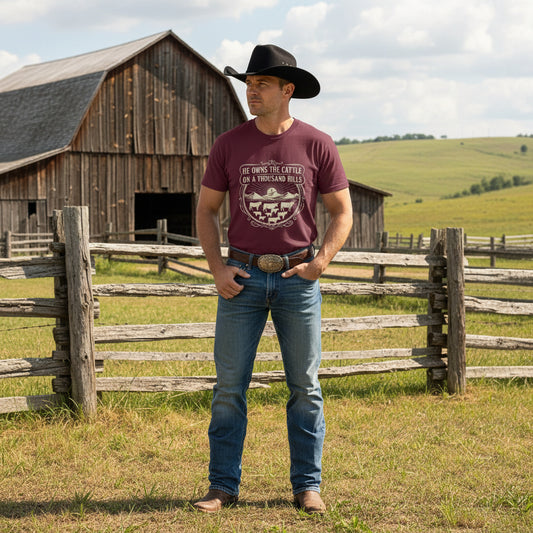 He Owns The Cattle Faith T-Shirt MAROON Salvation Clothing and Accessories Apparel