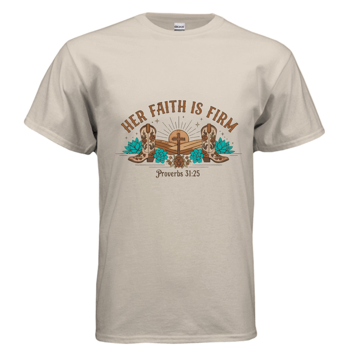 Her Faith is Firm Faith T-Shirt SAND Salvation Clothing and Accessories Apparel