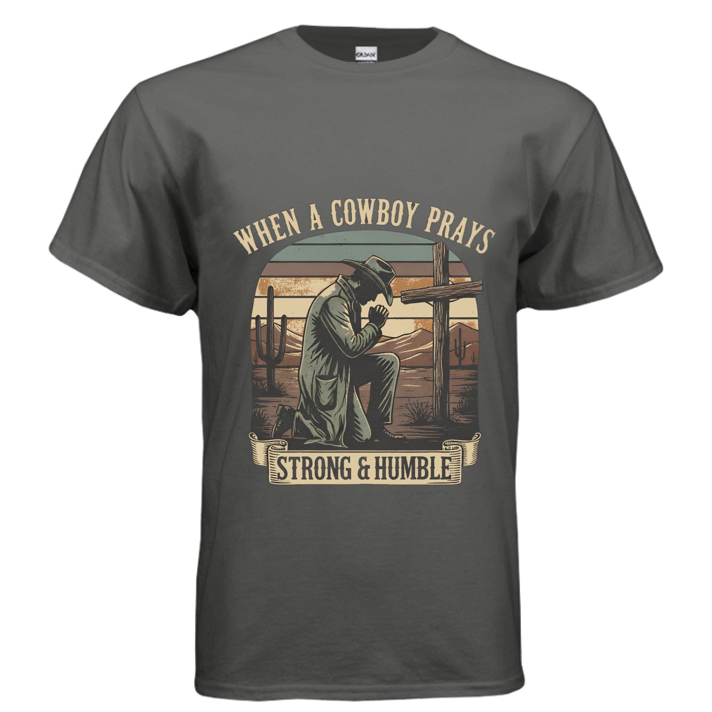Cowboy Prays Faith T-Shirt CHARCOAL Salvation Clothing and Accessories Apparel