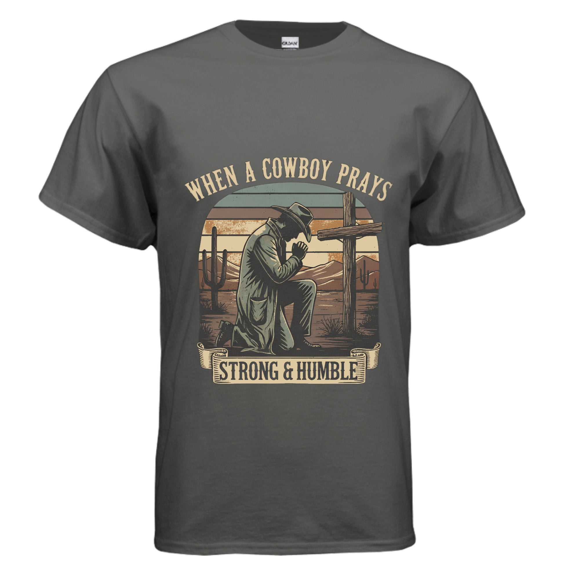 Cowboy Prays Faith T-Shirt CHARCOAL Salvation Clothing and Accessories Apparel