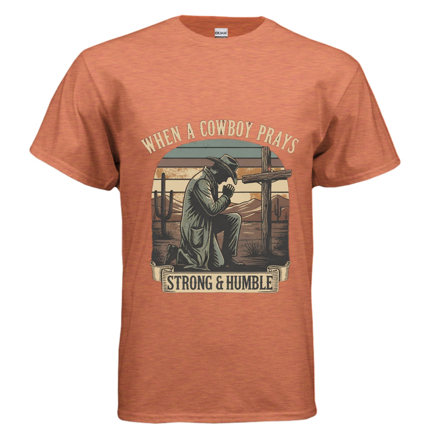 Cowboy Prays Faith T-Shirt SUNSET Salvation Clothing and Accessories Apparel