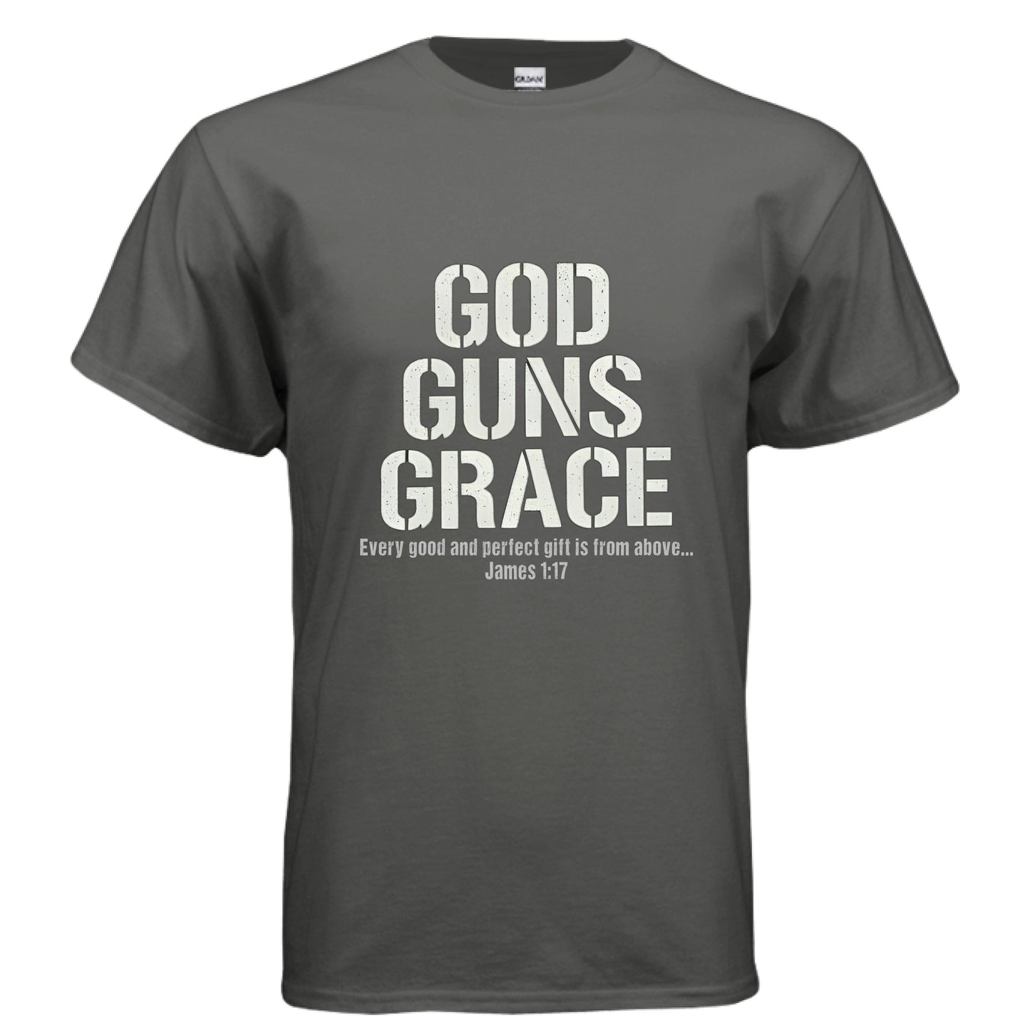 God Guns Grace Faith T-Shirt CHARCOAL Salvation Clothing and Accessories Apparel