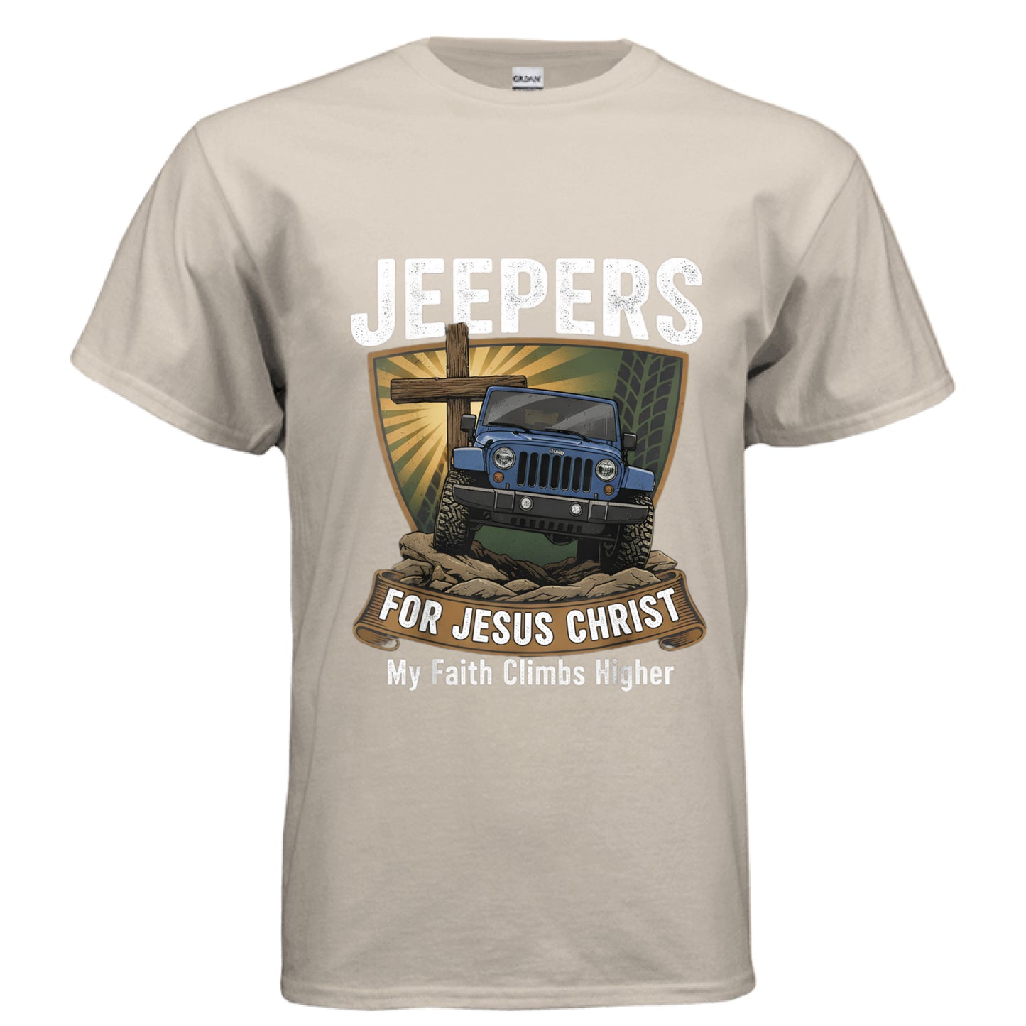 Jeepers for Christ Faith T-Shirt SAND Salvation Clothing and Accessories Apparel