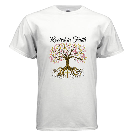 Rooted in Faith (Breast Cancer Awareness) Faith T-Shirt WHITE Salvation Clothing and Accessories Apparel