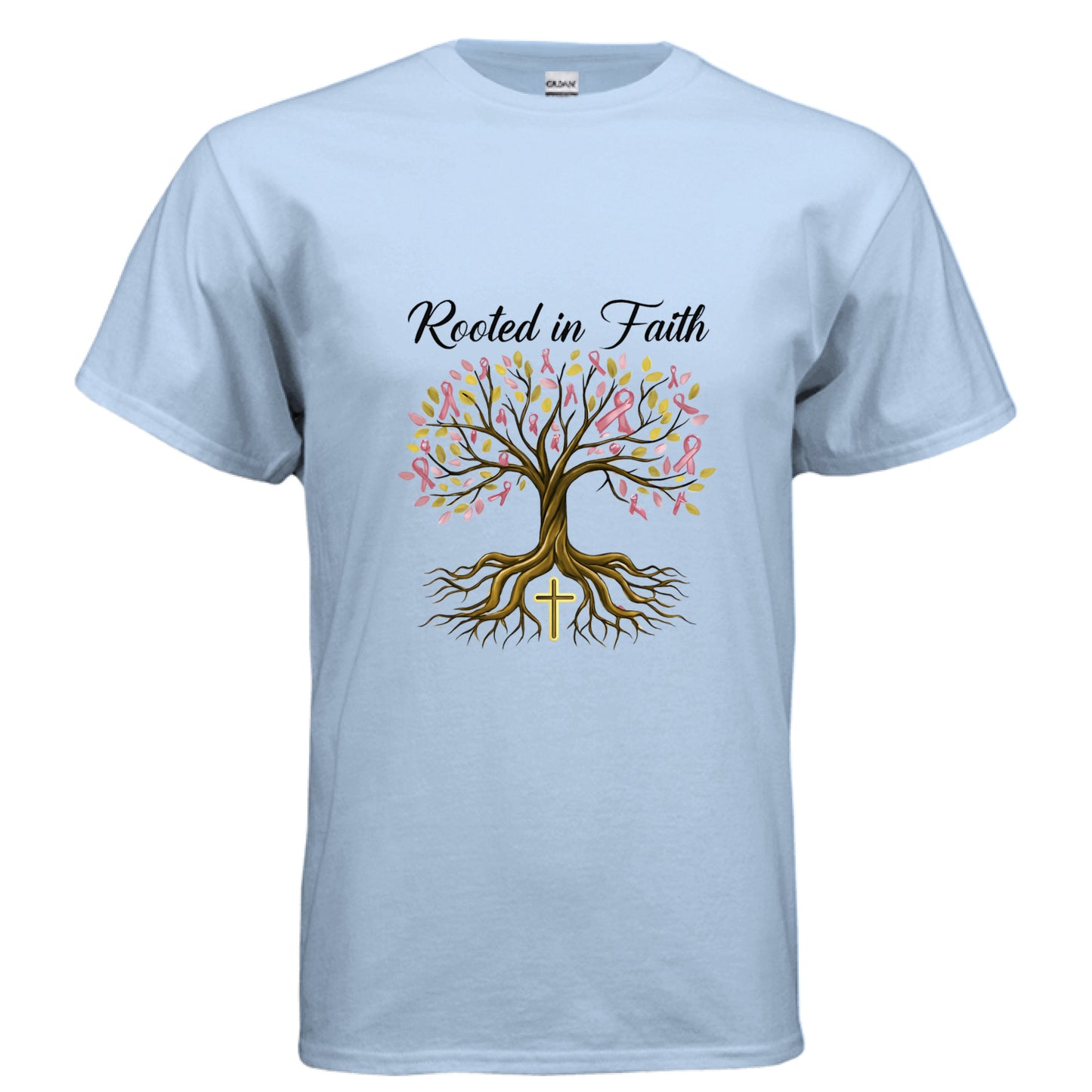 Rooted in Faith (Breast Cancer Awareness) Faith T-Shirt LIGHT BLUE Salvation Clothing and Accessories Apparel