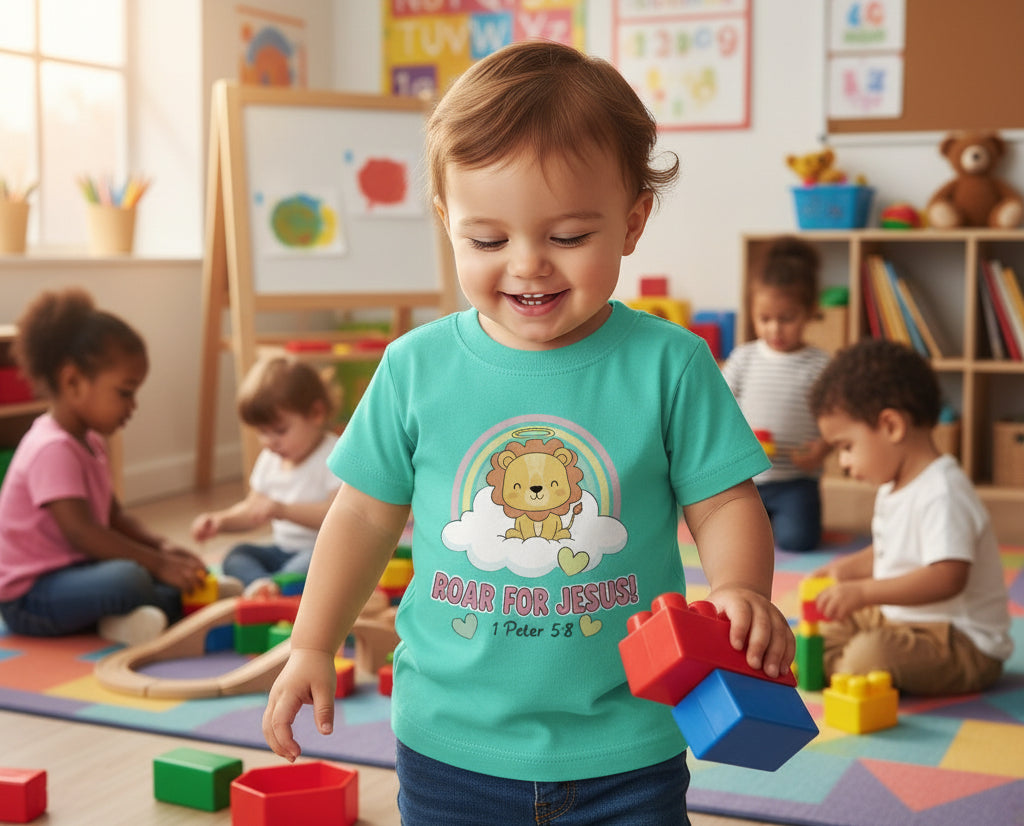 Roar for Jesus 1 Peter 5:8 Toddler Faith T-Shirt CARIBBEAN Salvation Clothing and Accessories Apparel