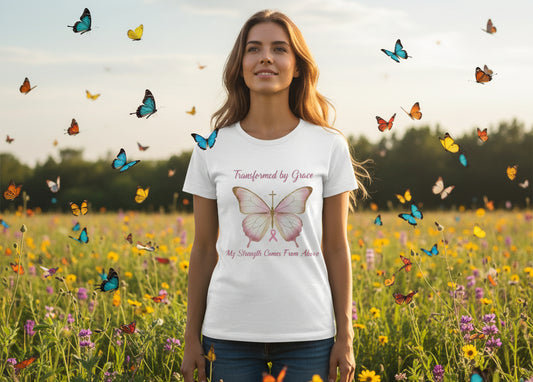 Transformed By Grace Faith T-Shirt(Breast Cancer Awareness) WHITE Salvation Clothing and Accessories Apparel