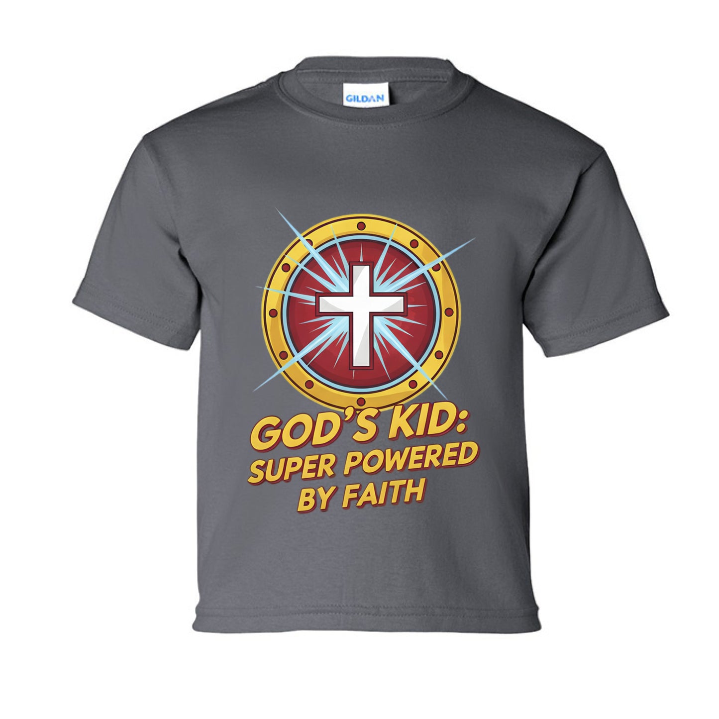 God's Kid Super Powered Faith kids T-Shirt CHARCOAL Salvation Clothing and Accessories Apparel