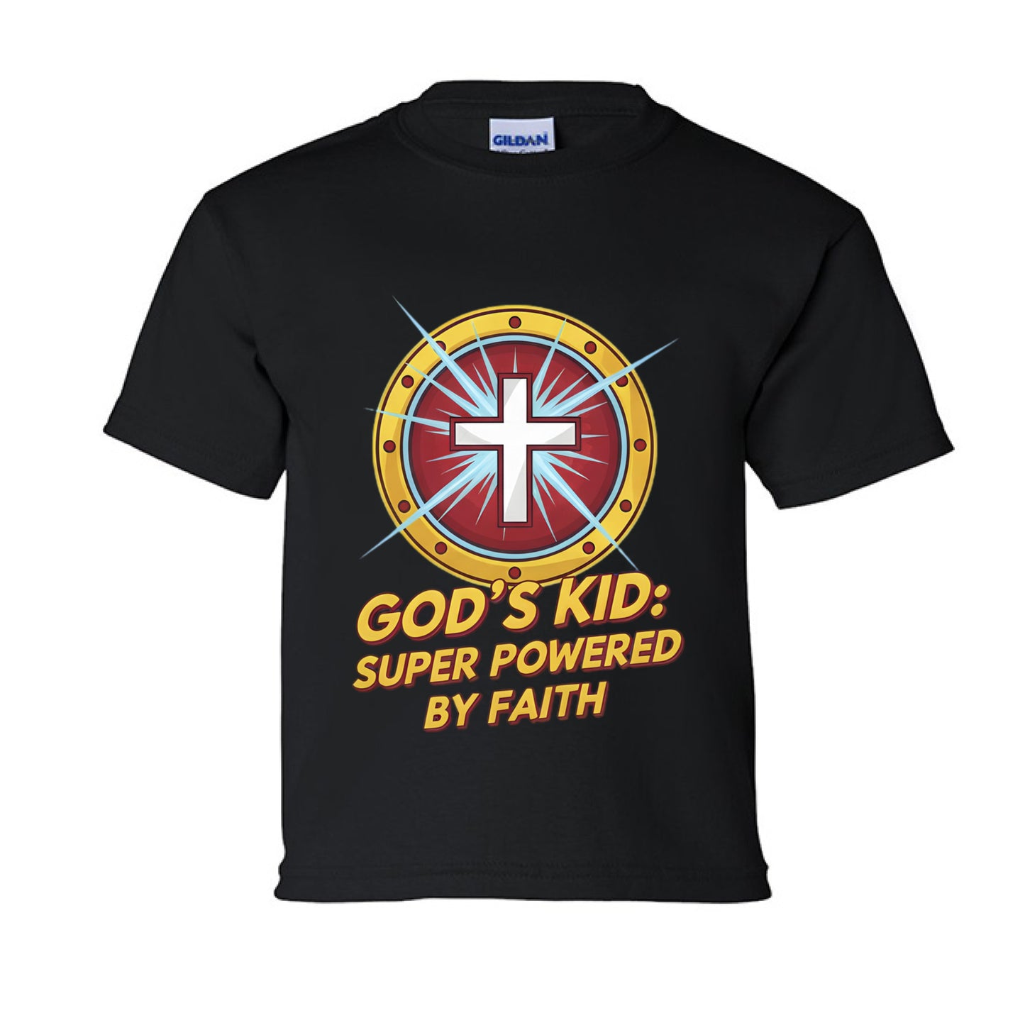 God's Kid Super Powered Faith kids T-Shirt BLACK Salvation Clothing and Accessories Apparel