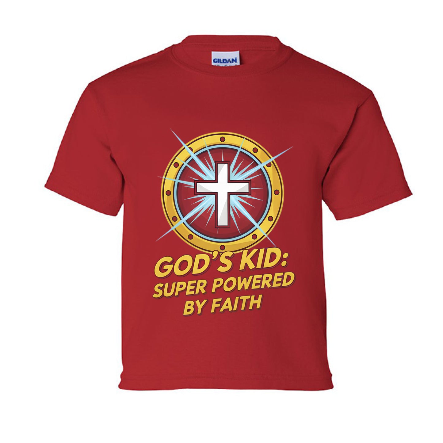 God's Kid Super Powered Faith kids T-Shirt RED Salvation Clothing and Accessories Apparel