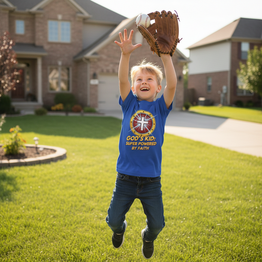 God's Kid Super Powered Faith kids T-Shirt Salvation Clothing and Accessories Apparel