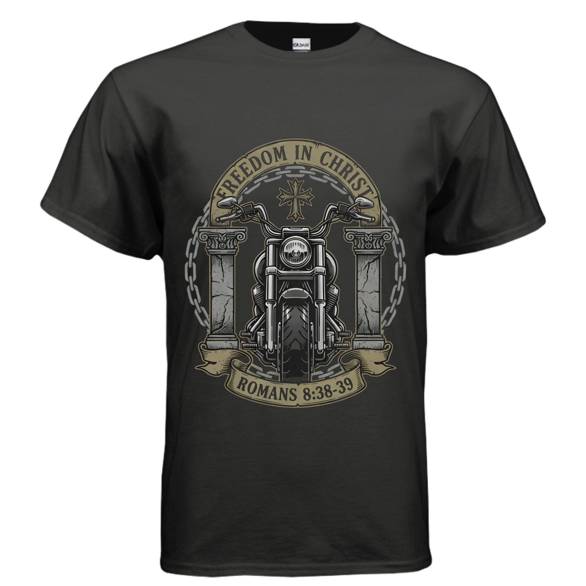 Freedom in Christ Romans 8:38-39 Motorcycle Faith T-Shirt BLACK Salvation Clothing and Accessories Apparel
