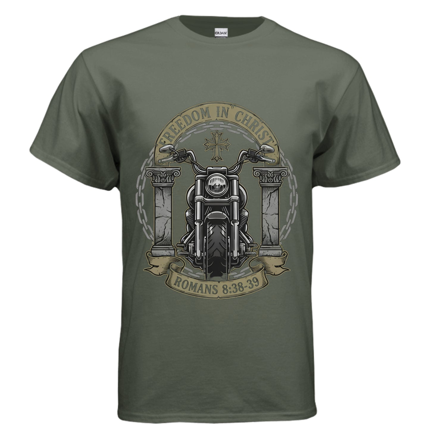 Freedom in Christ Romans 8:38-39 Motorcycle Faith T-Shirt MILITARY GREEN Salvation Clothing and Accessories Apparel