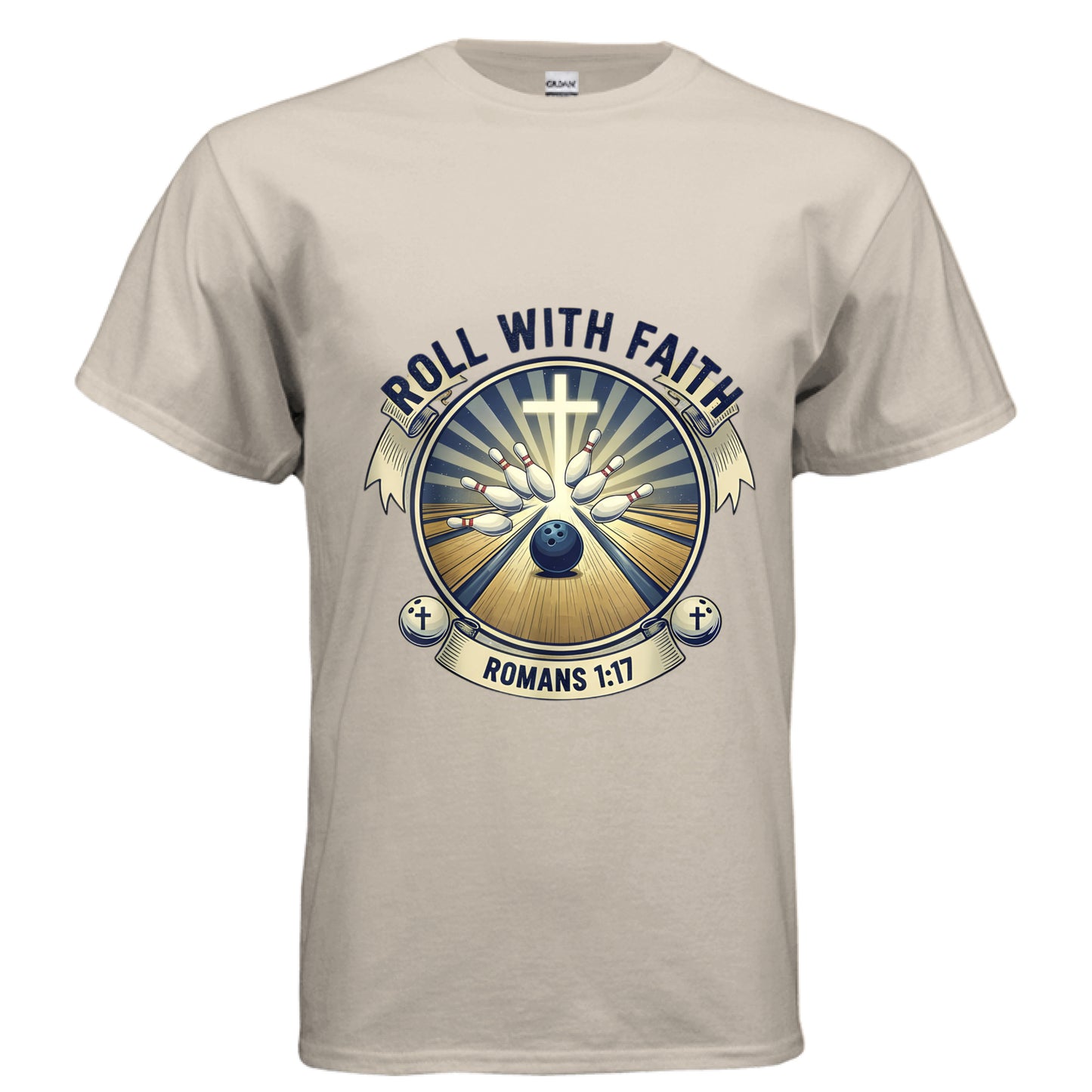 Roll With it Romans 1:17 Bowling Faith T-Shirt SAND Salvation Clothing and Accessories Apparel