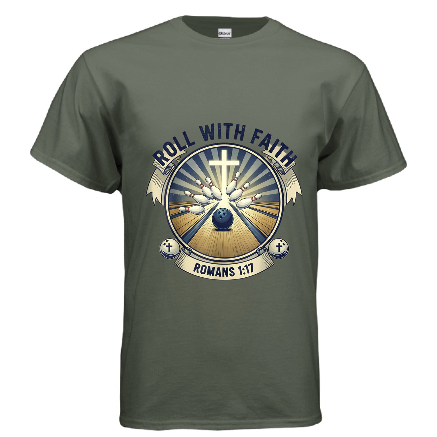Roll With it Romans 1:17 Bowling Faith T-Shirt MILITARY GREEN Salvation Clothing and Accessories Apparel