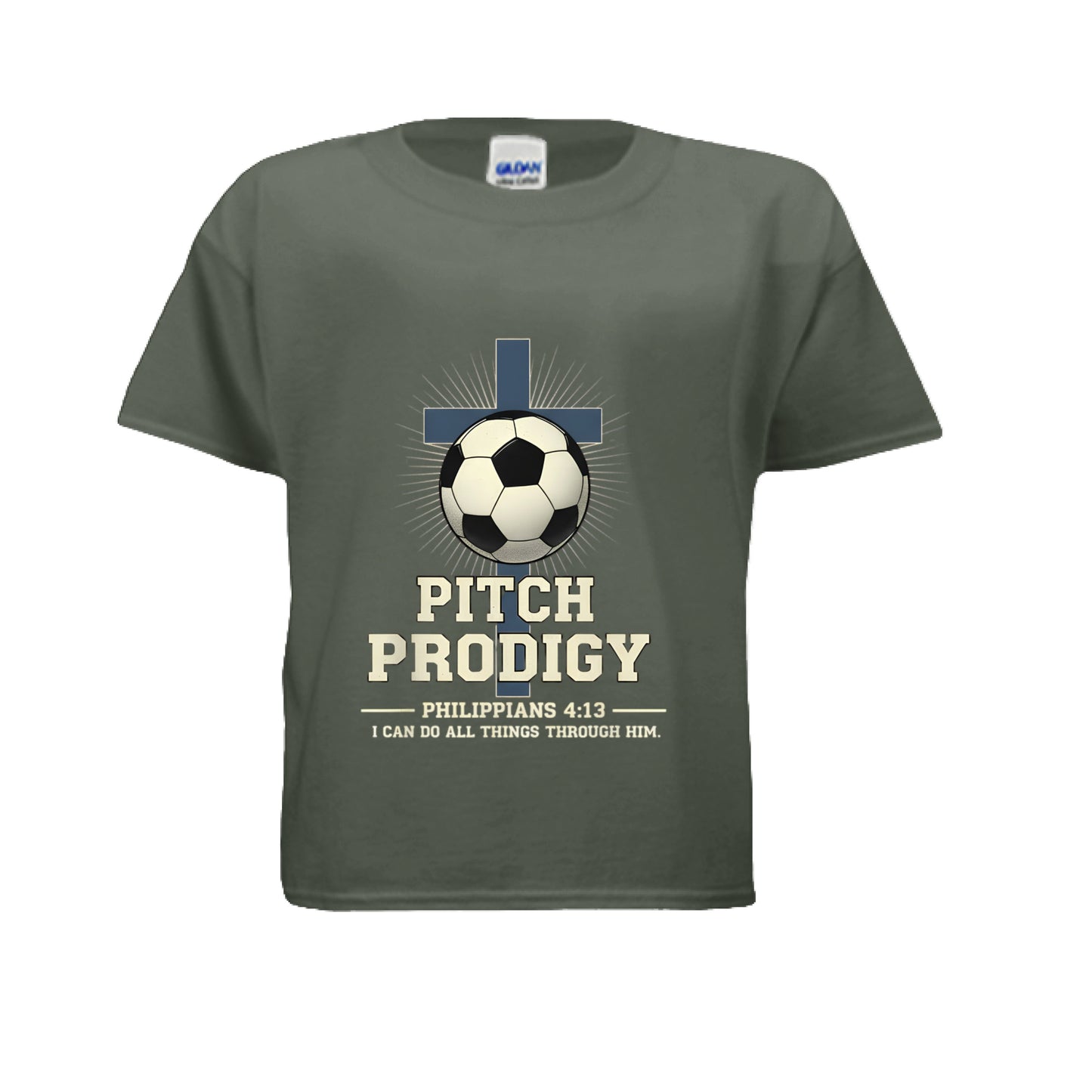Pitch Prodigy Philippians 4:13 Kids Faith T-Shirt MILITARY GREEN Salvation Clothing and Accessories Apparel