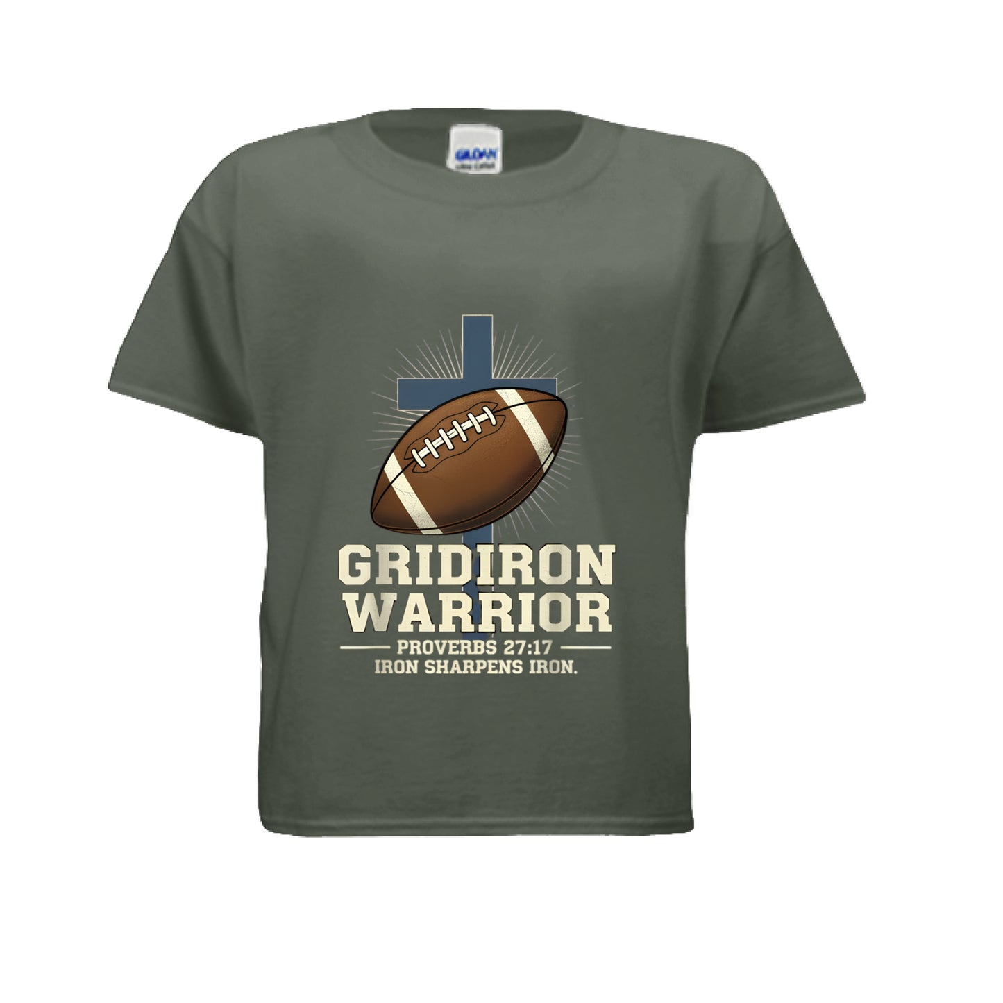 Gridiron Warrior Proverbs 27:17 Kids Faith T-Shirt MILITARY GREEN Salvation Clothing and Accessories Apparel