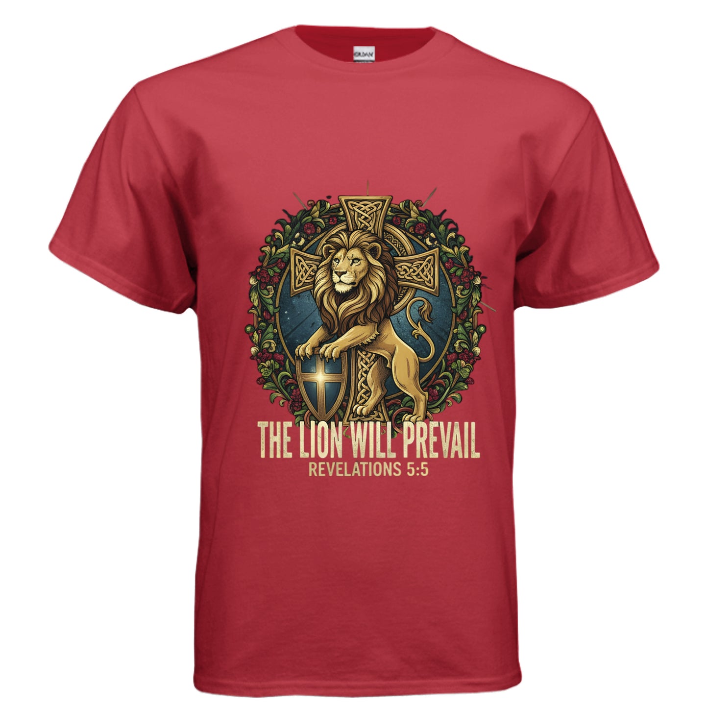 The Lion Will Prevail Revelations 5:5 Faith T-Shirt RED Salvation Clothing and Accessories Apparel