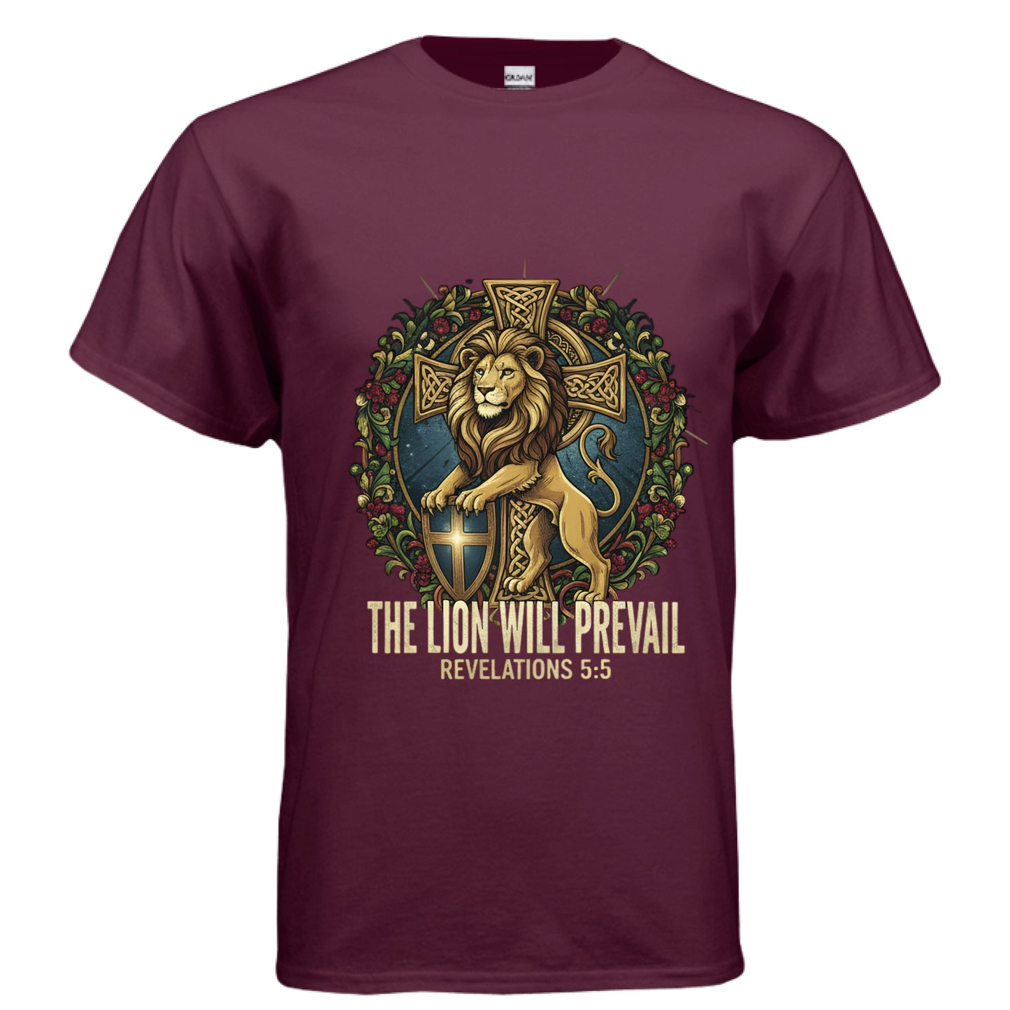 The Lion Will Prevail Revelations 5:5 Faith T-Shirt MAROON Salvation Clothing and Accessories Apparel
