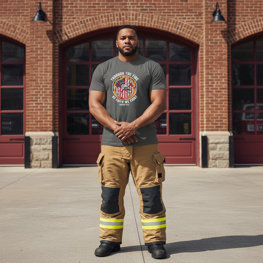 Through The Fire By Faith We Fight Firefighter Faith T-Shirt Salvation Clothing and Accessories Apparel