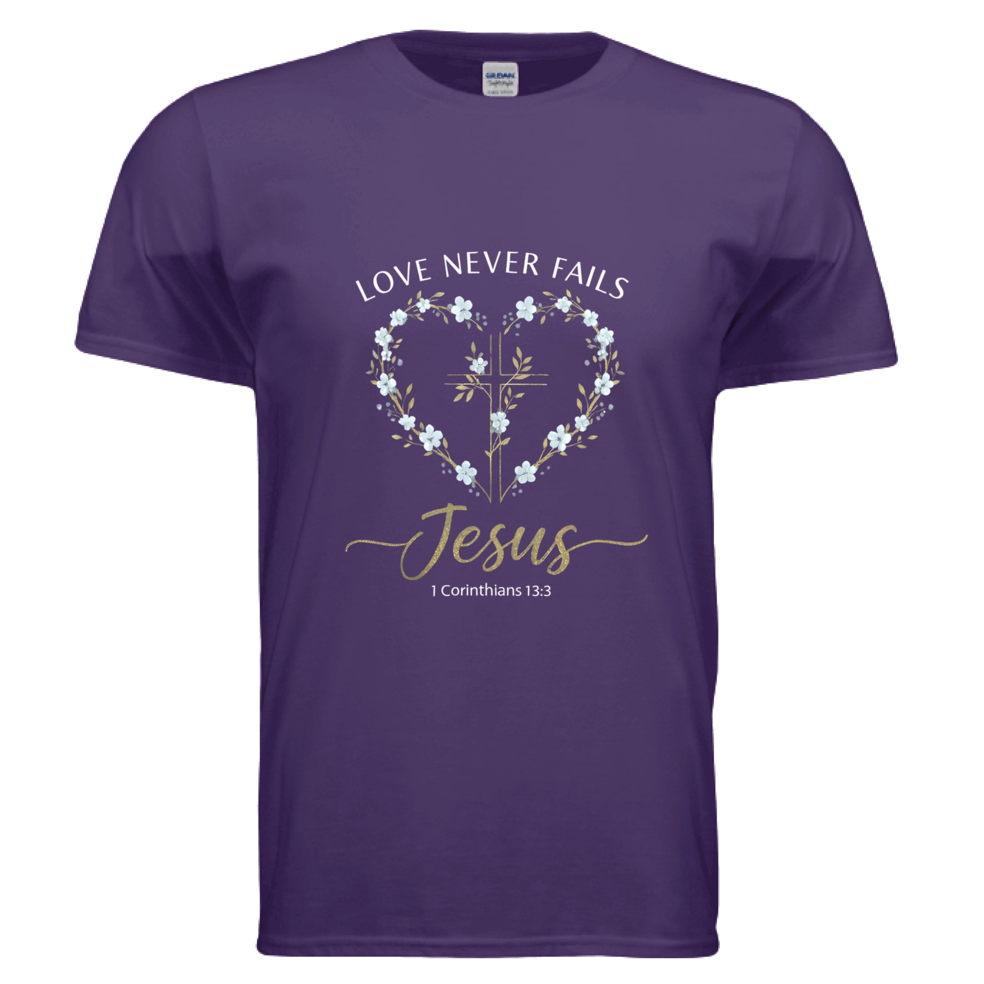 Love Never Fails Jesus 1 Corinthians 13:8 Faith T-Shirt PURPLE Salvation Clothing and Accessories Apparel