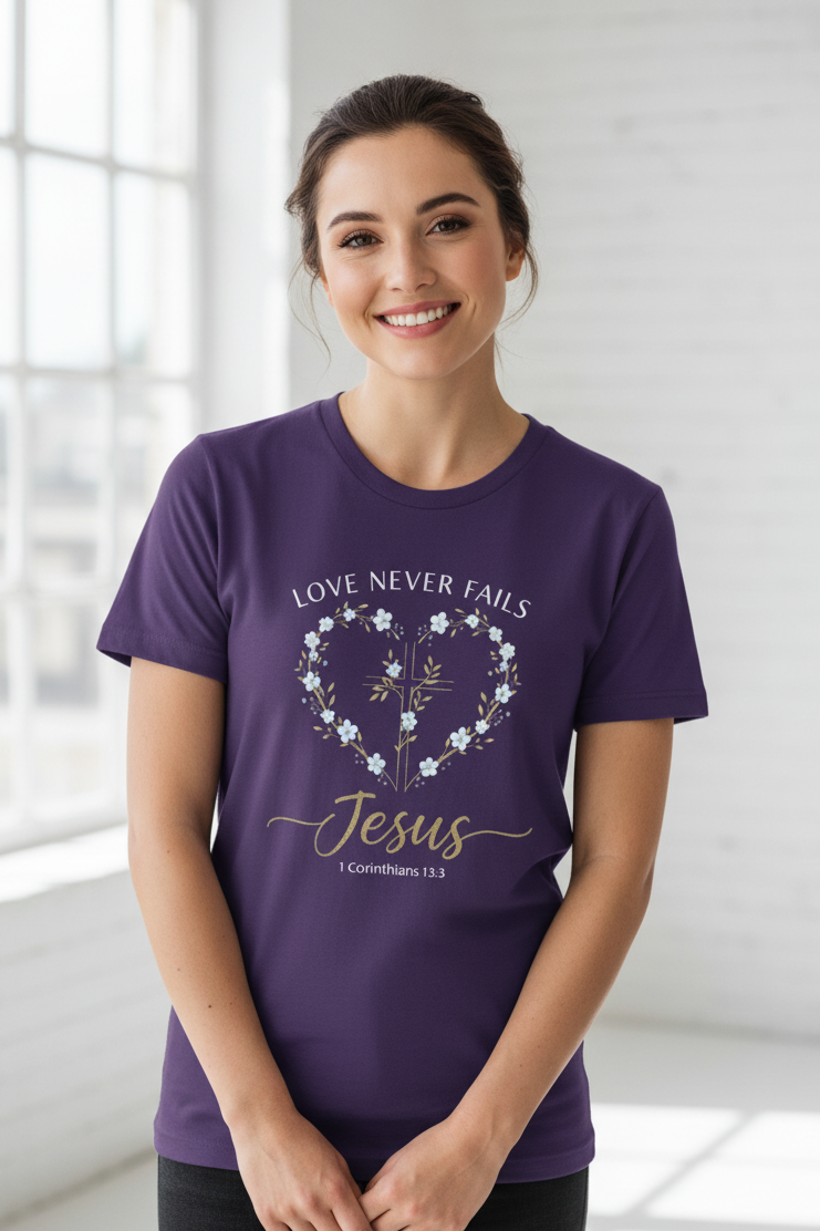 Love Never Fails Jesus 1 Corinthians 13:8 Faith T-Shirt Salvation Clothing and Accessories Apparel