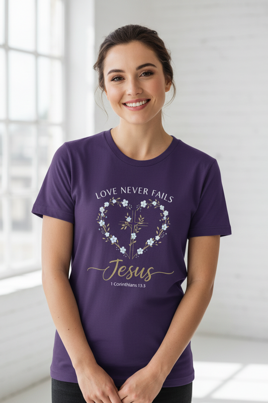 Love Never Fails Jesus 1 Corinthians 13:8 Faith T-Shirt Salvation Clothing and Accessories Apparel