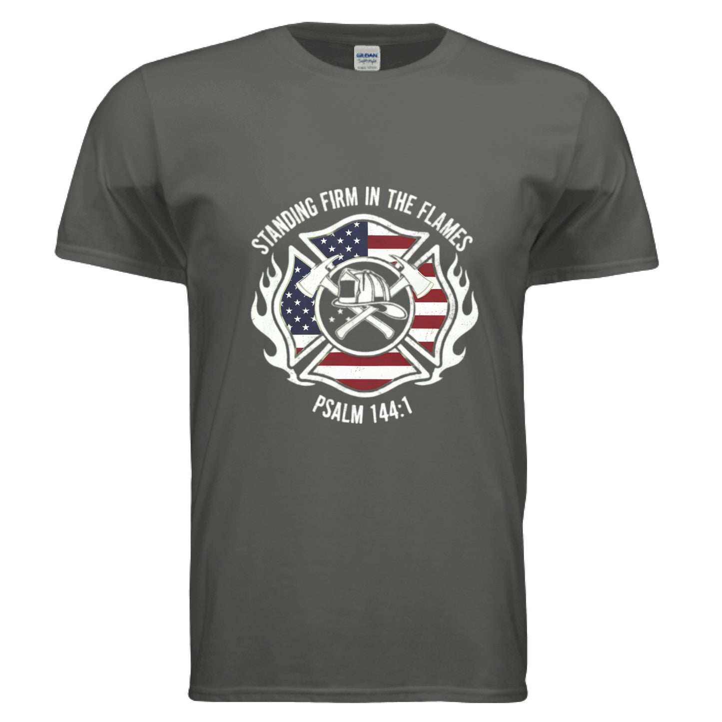 Standing Firm in the Flames Psalm 144:1 Firefighter Faith T-Shirt CHARCOAL Salvation Clothing and Accessories Apparel