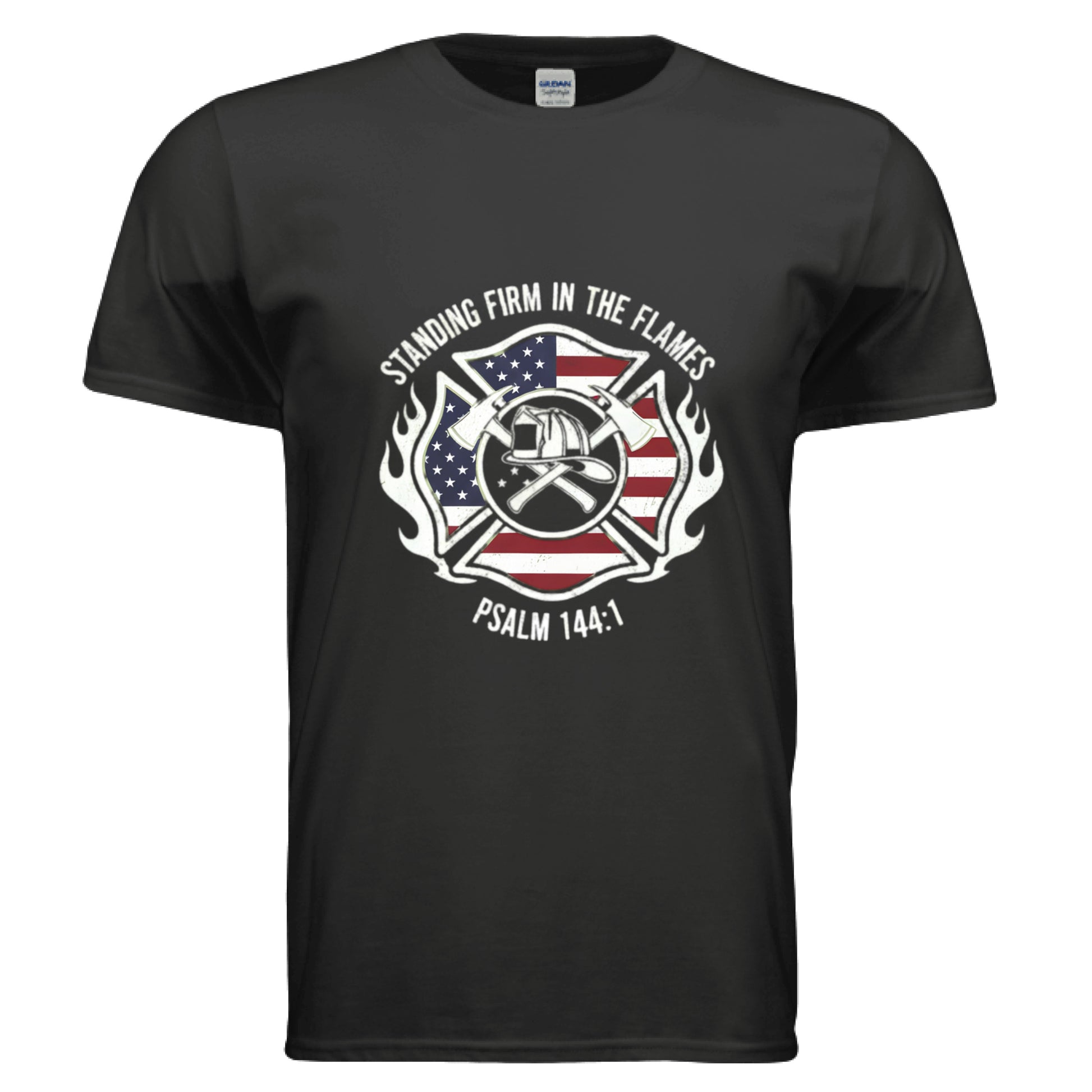 Standing Firm in the Flames Psalm 144:1 Firefighter Faith T-Shirt BLACK Salvation Clothing and Accessories Apparel