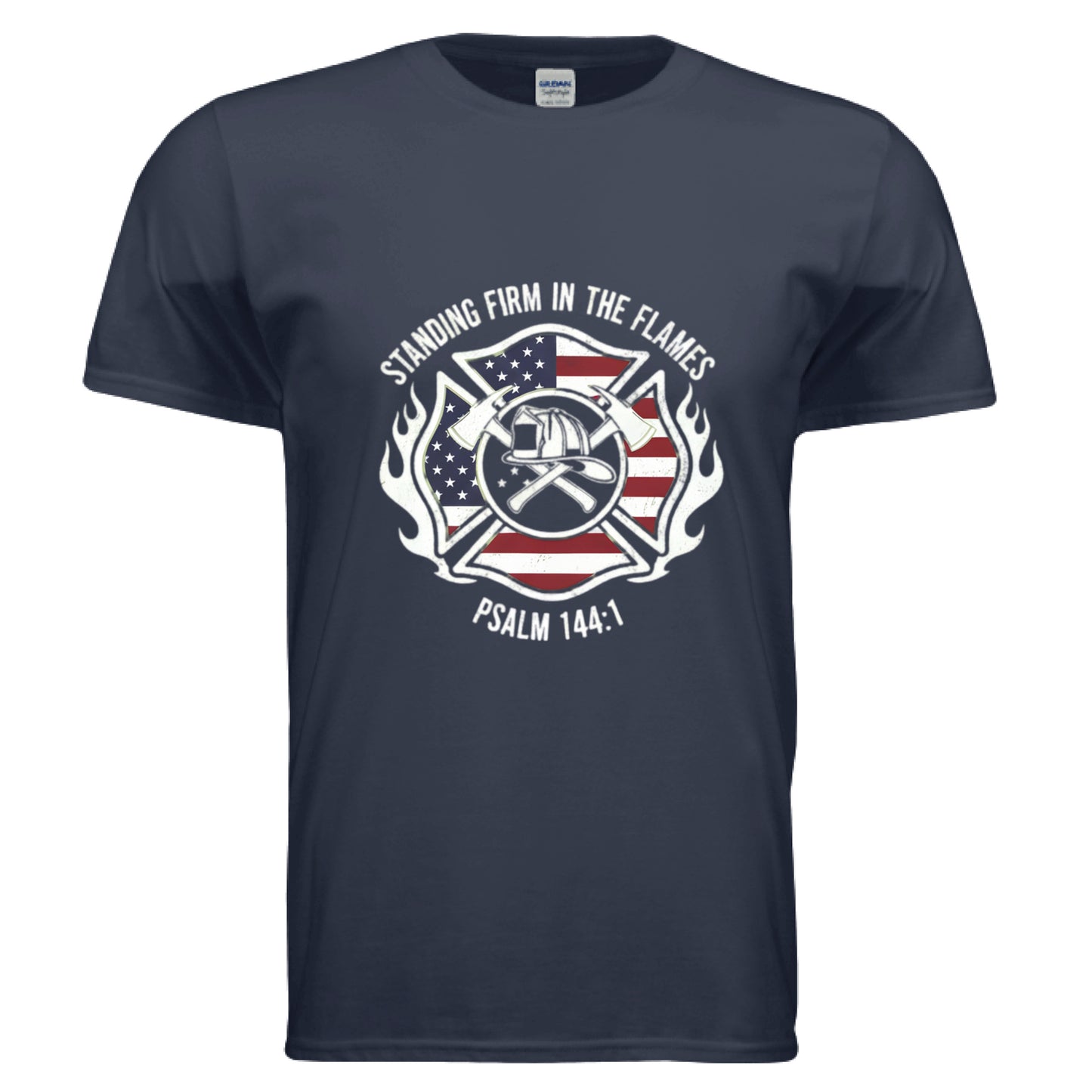 Standing Firm in the Flames Psalm 144:1 Firefighter Faith T-Shirt NAVY Salvation Clothing and Accessories Apparel