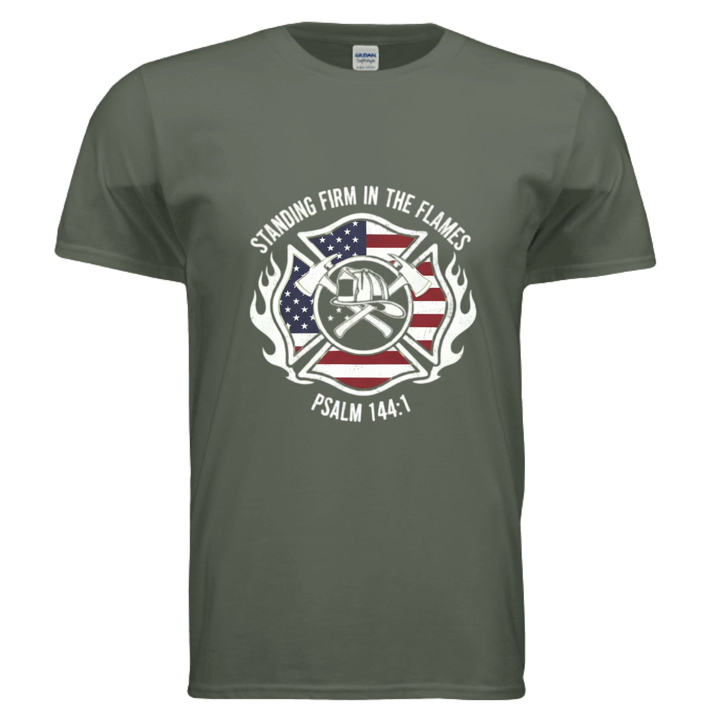 Standing Firm in the Flames Psalm 144:1 Firefighter Faith T-Shirt MILITARY GREEN Salvation Clothing and Accessories Apparel
