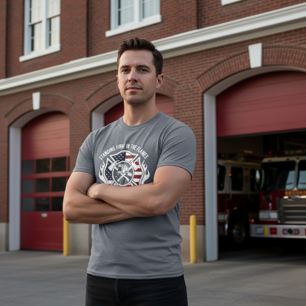 Standing Firm in the Flames Psalm 144:1 Firefighter Faith T-Shirt Salvation Clothing and Accessories Apparel