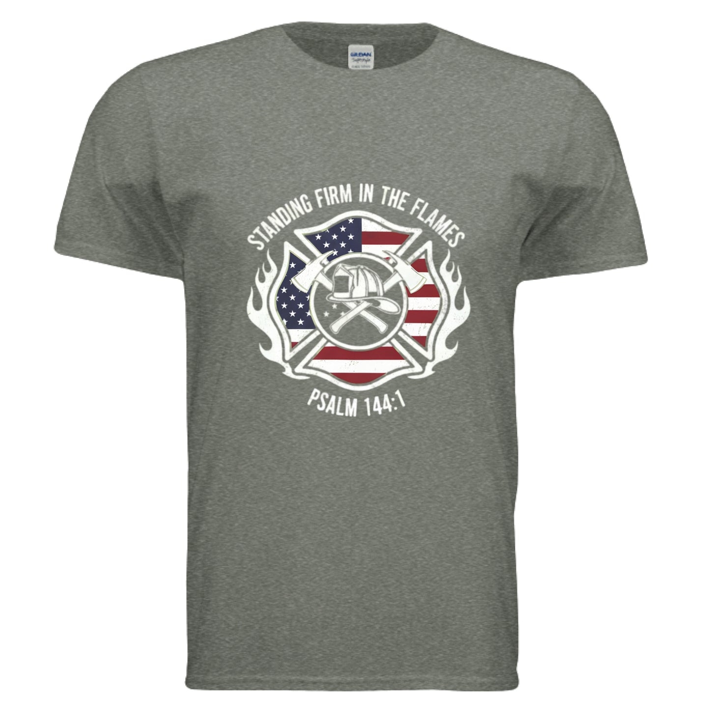 Standing Firm in the Flames Psalm 144:1 Firefighter Faith T-Shirt HEATHER MILITARY GREEN Salvation Clothing and Accessories Apparel