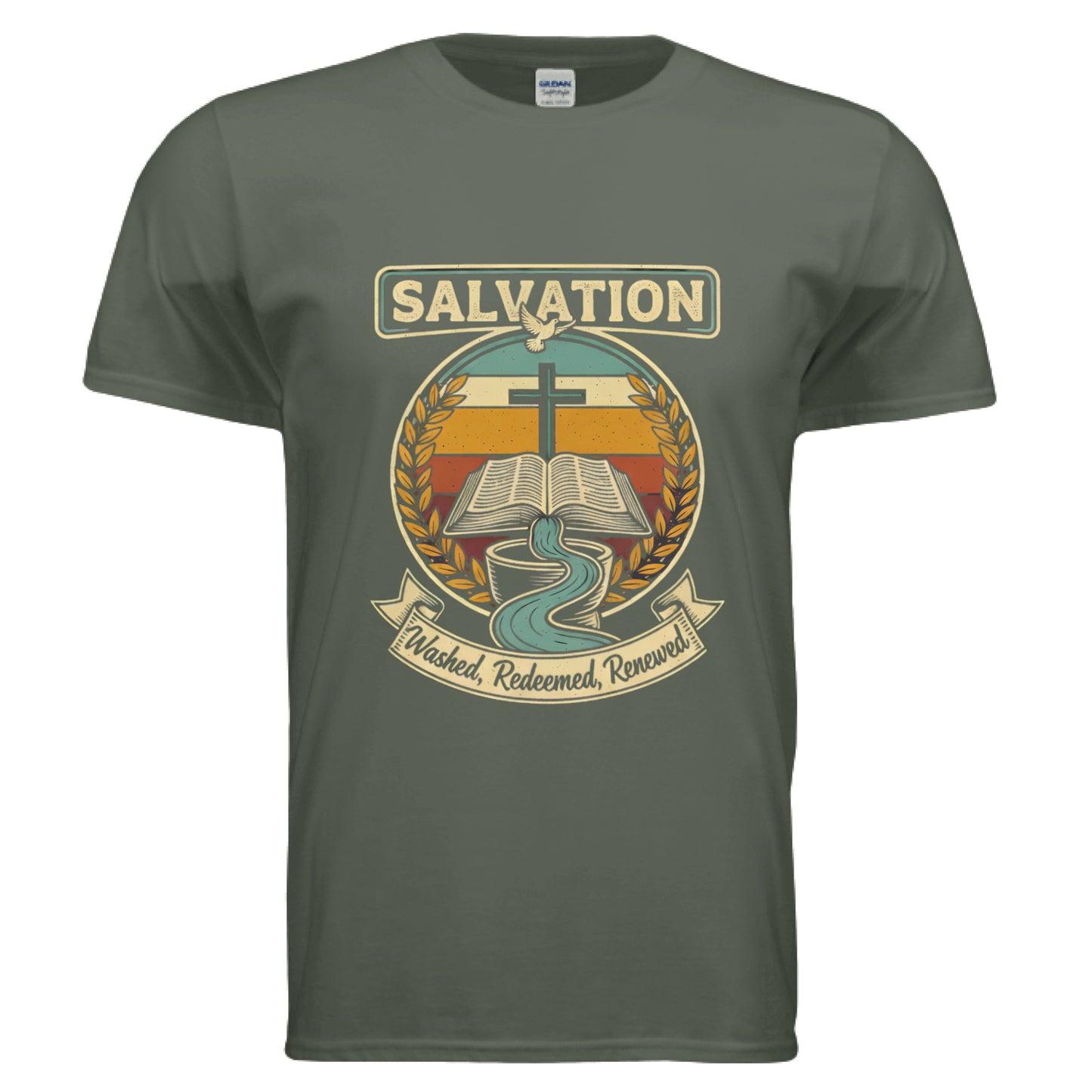 Salvation Washed Redeemed Renewed Faith T-Shirt MILITARY GREEN Salvation Clothing and Accessories Apparel