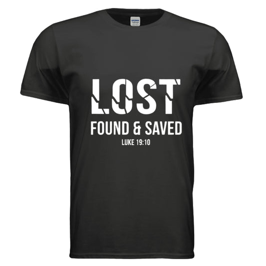 Lost Found Saved Luke 19:10 Faith T-Shirt BLACK Salvation Clothing and Accessories Apparel