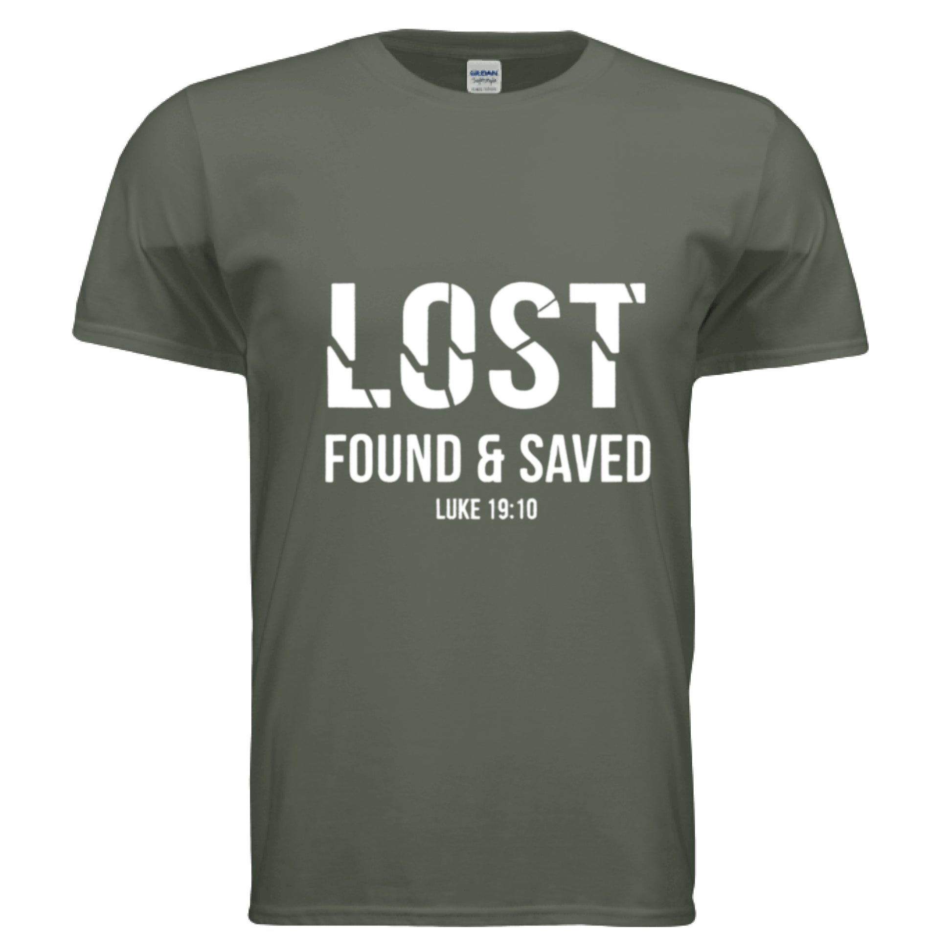 Lost Found Saved Luke 19:10 Faith T-Shirt MILITARY GREEN Salvation FaithWear Apparel