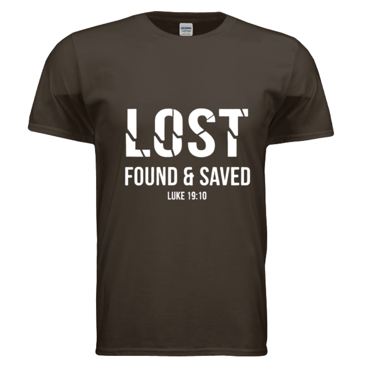 Lost Found Saved Luke 19:10 Faith T-Shirt DARK CHOCOLATE Salvation Clothing and Accessories Apparel