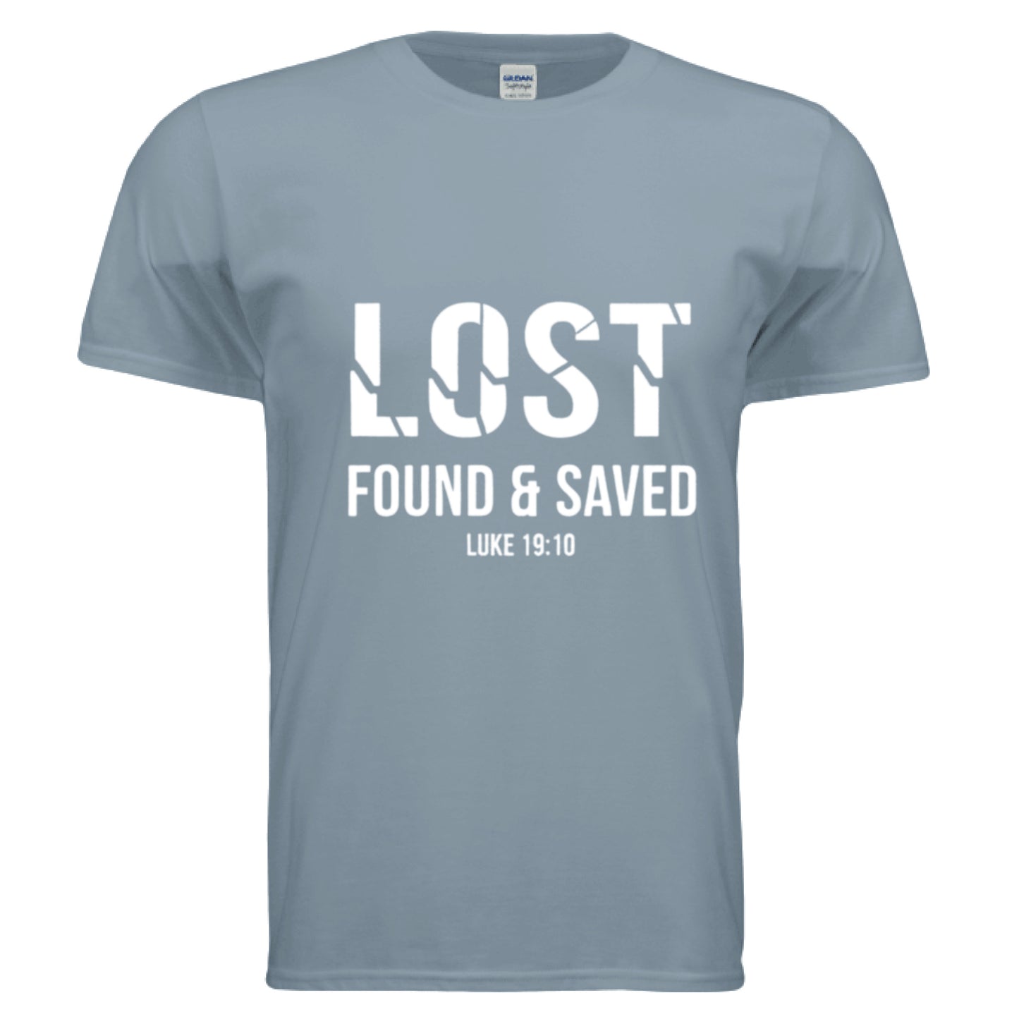 Lost Found Saved Luke 19:10 Faith T-Shirt Stone Blue Salvation Clothing and Accessories Apparel