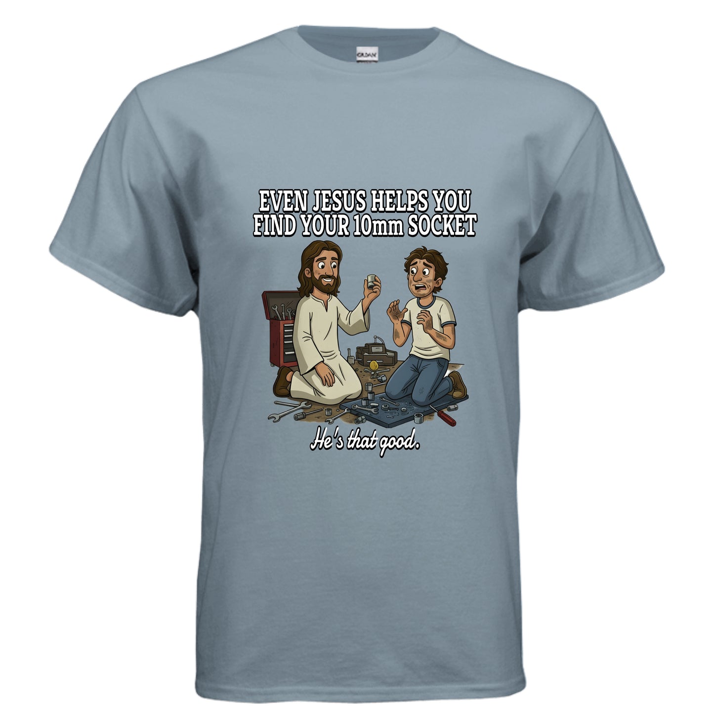 Jesus 10mm Socket Faith T-Shirt STONE BLUE Salvation Clothing and Accessories Apparel