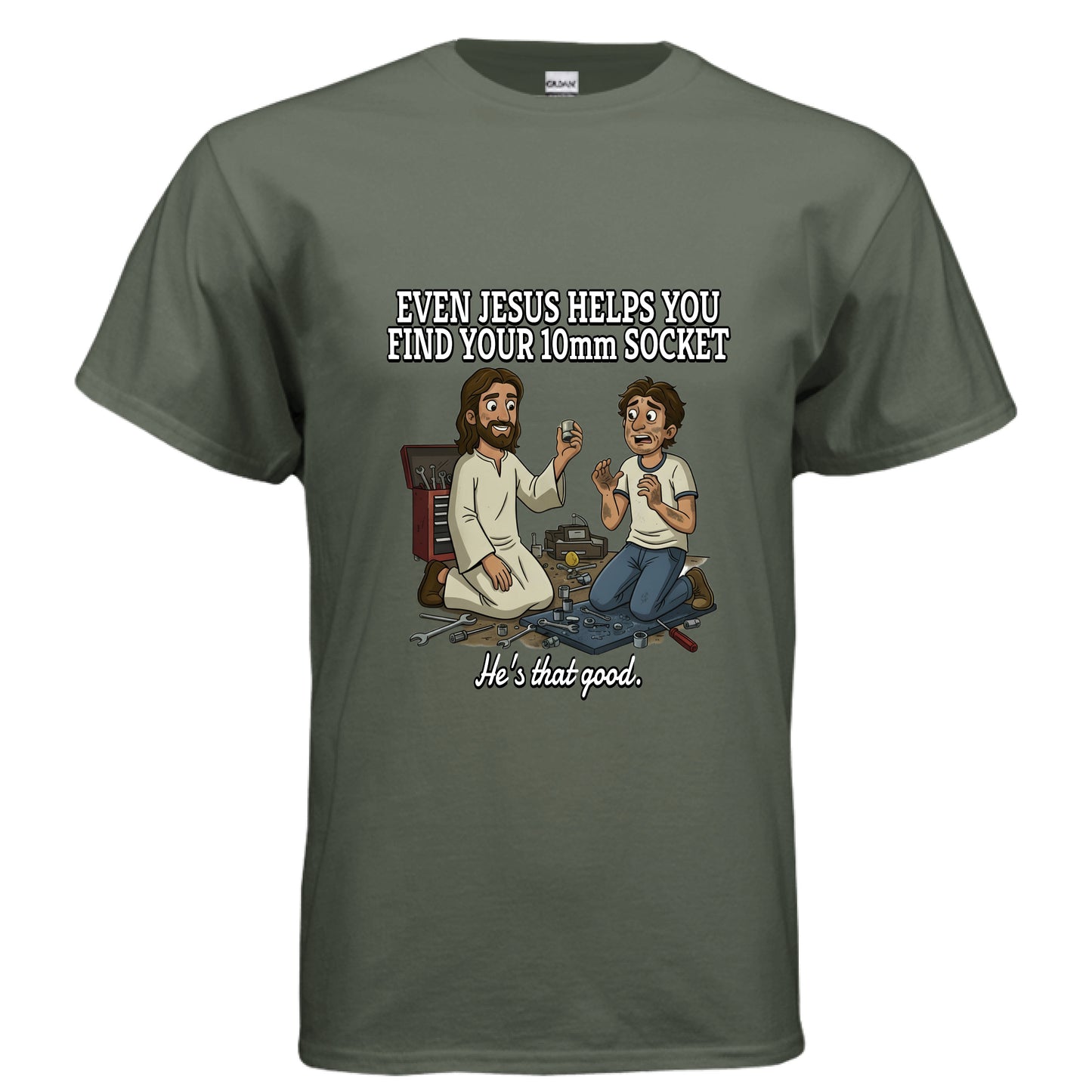 Jesus 10mm Socket Faith T-Shirt MILITARY GREEN Salvation Clothing and Accessories Apparel