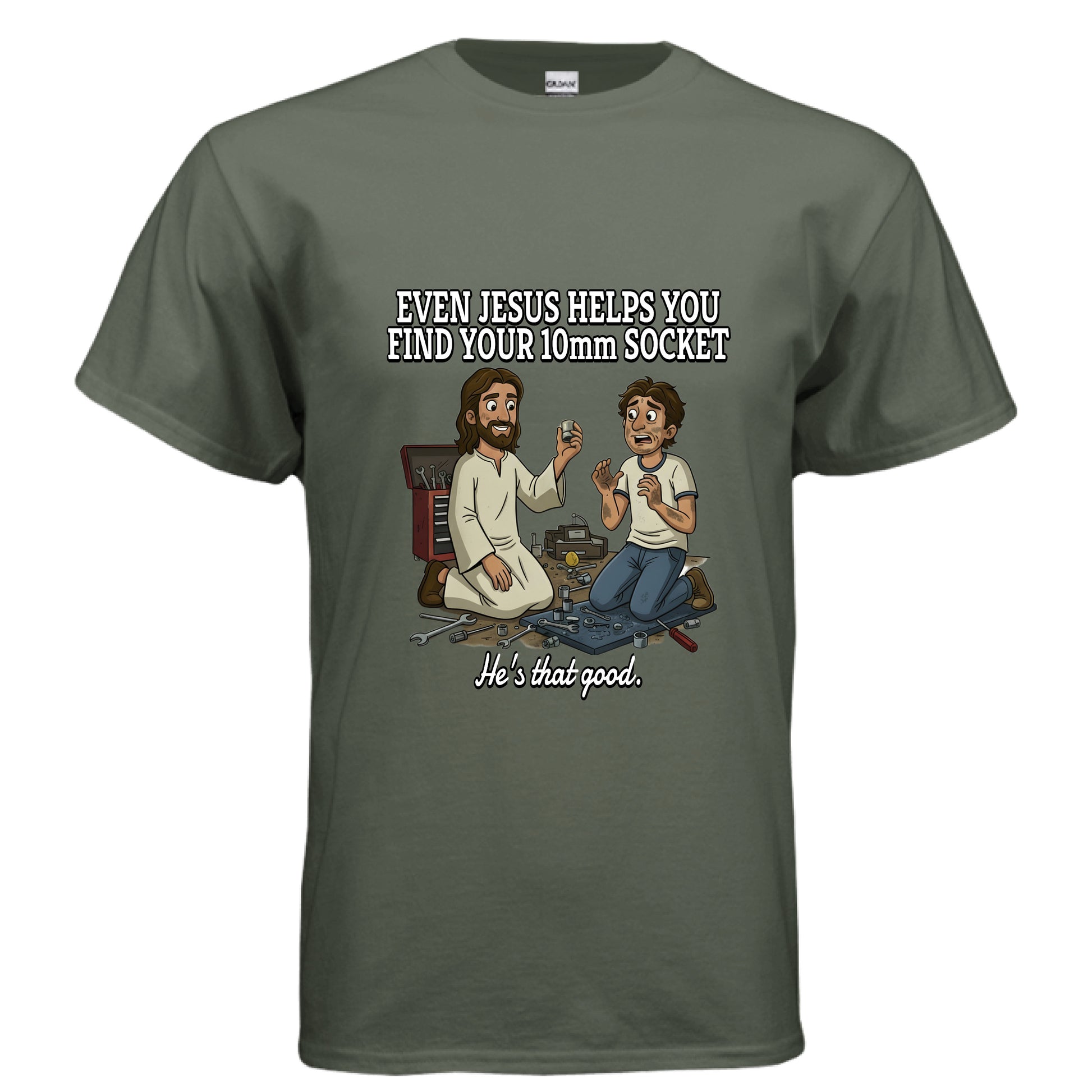 Jesus 10mm Socket Faith T-Shirt MILITARY GREEN Salvation FaithWear Apparel
