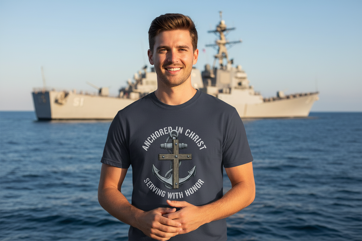 Anchored in Christ Faith T-Shirt (Navy) Salvation Clothing and Accessories Apparel