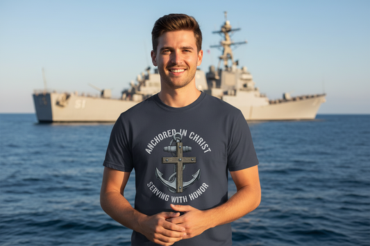 Anchored in Christ Faith T-Shirt (Navy) Salvation Clothing and Accessories Apparel