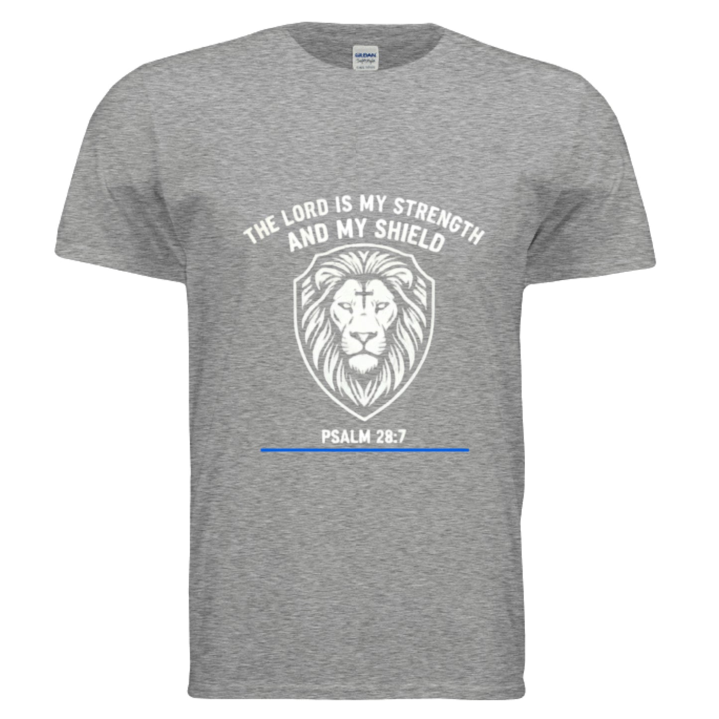 The Lord is my Strength and my Shield Psalm 28:7 Faith T-Shirt (Police) GRAPHITE HEATHER Salvation Clothing and Accessories Apparel