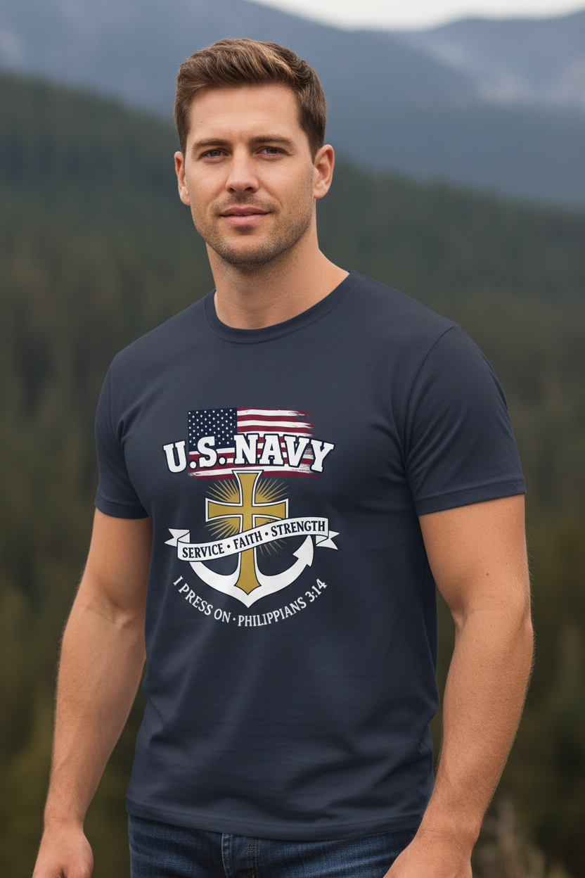 Service Faith Strength I Press On Philippians 3:14 Faith T-Shirt (Navy) Salvation FaithWear Apparel