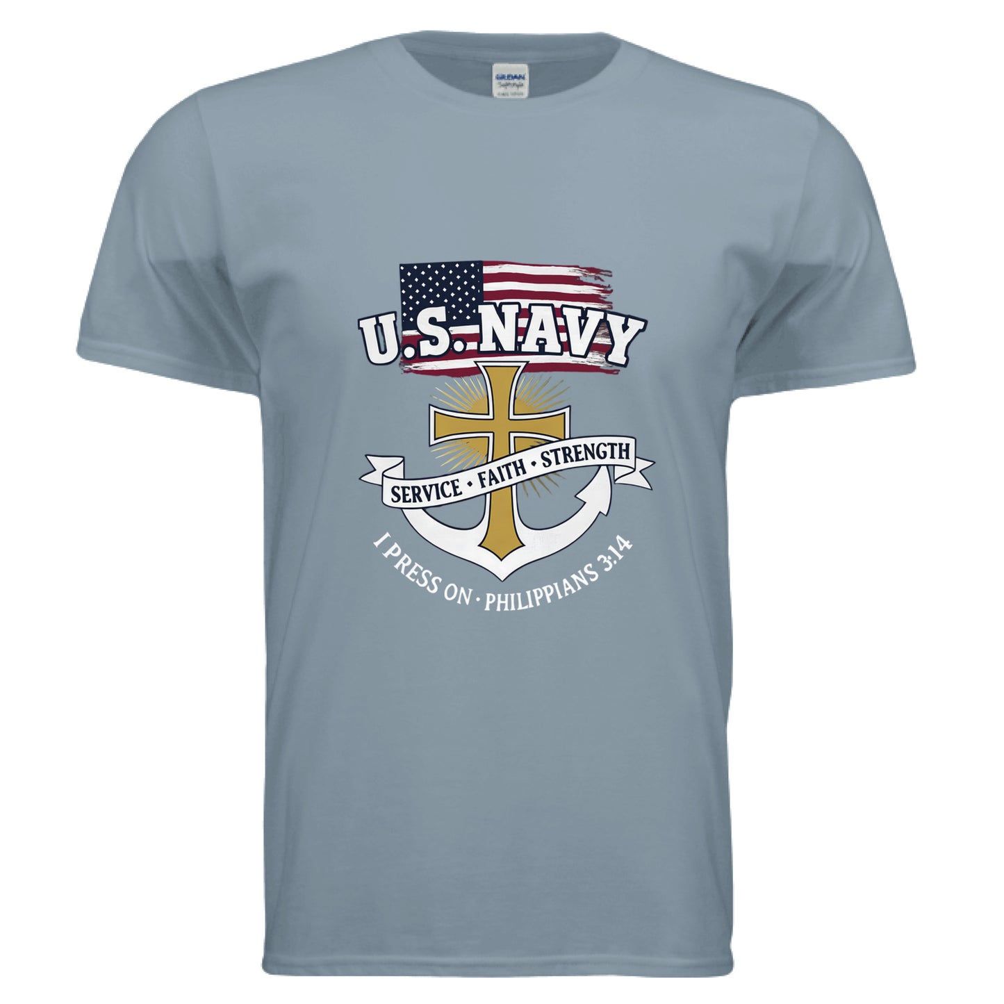 Service Faith Strength I Press On Philippians 3:14 Faith T-Shirt (Navy) Stone Blue Salvation Clothing and Accessories Apparel